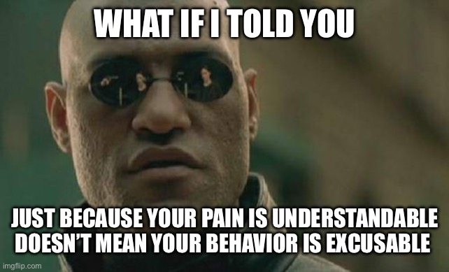 No Excuses | WHAT IF I TOLD YOU; JUST BECAUSE YOUR PAIN IS UNDERSTANDABLE DOESN’T MEAN YOUR BEHAVIOR IS EXCUSABLE | image tagged in memes,matrix morpheus | made w/ Imgflip meme maker