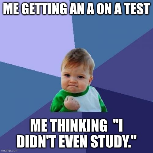 Success Kid | ME GETTING AN A ON A TEST; ME THINKING  "I DIDN'T EVEN STUDY." | image tagged in memes,success kid | made w/ Imgflip meme maker