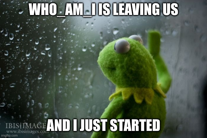 kermit window | WHO_AM_I IS LEAVING US; AND I JUST STARTED | image tagged in kermit window | made w/ Imgflip meme maker