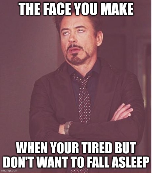 Face You Make Robert Downey Jr Meme | THE FACE YOU MAKE; WHEN YOUR TIRED BUT DON'T WANT TO FALL ASLEEP | image tagged in memes,face you make robert downey jr,lol,funny,tired,awake | made w/ Imgflip meme maker
