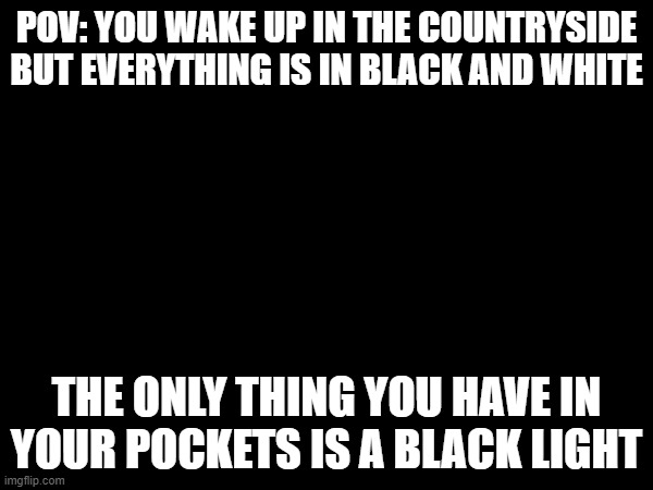 you cant get rid of it, cuz its a vital object | POV: YOU WAKE UP IN THE COUNTRYSIDE BUT EVERYTHING IS IN BLACK AND WHITE; THE ONLY THING YOU HAVE IN YOUR POCKETS IS A BLACK LIGHT | image tagged in cut my life in two pizzas,this is my last good spork | made w/ Imgflip meme maker