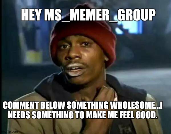 Gimme something wholesome. | HEY MS_MEMER_GROUP; COMMENT BELOW SOMETHING WHOLESOME...I NEEDS SOMETHING TO MAKE ME FEEL GOOD. | image tagged in memes,y'all got any more of that | made w/ Imgflip meme maker