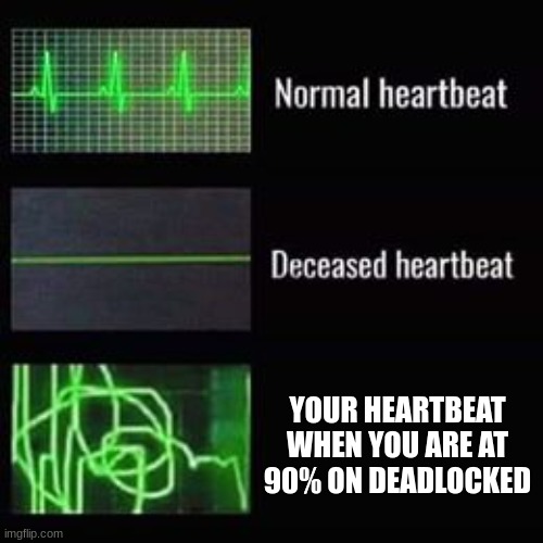 heartbeat rate | YOUR HEARTBEAT WHEN YOU ARE AT 90% ON DEADLOCKED | image tagged in heartbeat rate | made w/ Imgflip meme maker