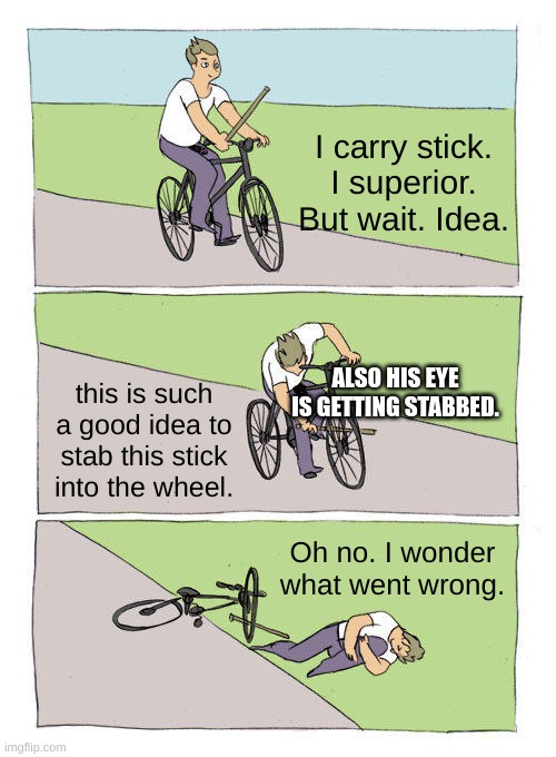 Hmm, i wonder. | I carry stick. I superior. But wait. Idea. ALSO HIS EYE IS GETTING STABBED. this is such a good idea to stab this stick into the wheel. Oh no. I wonder what went wrong. | image tagged in memes,bike fall | made w/ Imgflip meme maker