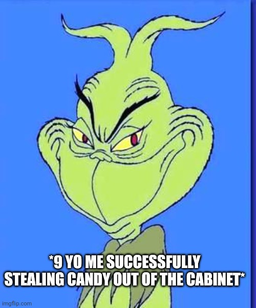 Candy Heist | *9 YO ME SUCCESSFULLY STEALING CANDY OUT OF THE CABINET* | image tagged in good grinch,grinch,candy,christmas,stolen,funny memes | made w/ Imgflip meme maker