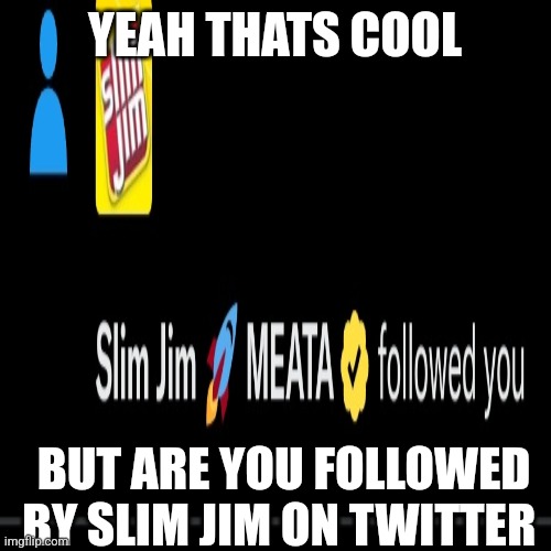True story btw | YEAH THATS COOL; BUT ARE YOU FOLLOWED BY SLIM JIM ON TWITTER | made w/ Imgflip meme maker