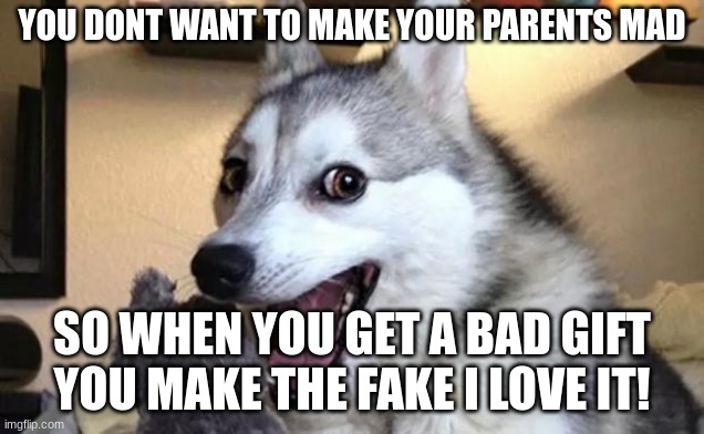 i hate it | YOU DONT WANT TO MAKE YOUR PARENTS MAD; SO WHEN YOU GET A BAD GIFT YOU MAKE THE FAKE I LOVE IT! | image tagged in pun dog - husky | made w/ Imgflip meme maker