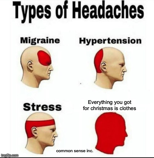 Types of Headaches meme | Everything you got for christmas is clothes; common sense inc. | image tagged in types of headaches meme | made w/ Imgflip meme maker