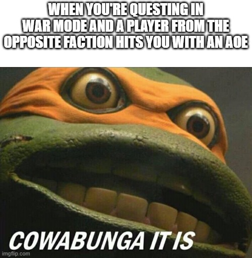 Cowabunga it is | WHEN YOU'RE QUESTING IN WAR MODE AND A PLAYER FROM THE OPPOSITE FACTION HITS YOU WITH AN AOE | image tagged in cowabunga it is,world of warcraft | made w/ Imgflip meme maker