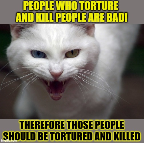 This #lolcat wonders why some want to hurt bad people | PEOPLE WHO TORTURE 
AND KILL PEOPLE ARE BAD! THEREFORE THOSE PEOPLE
SHOULD BE TORTURED AND KILLED | image tagged in double standards,lolcat,violence is never the answer,think about it | made w/ Imgflip meme maker