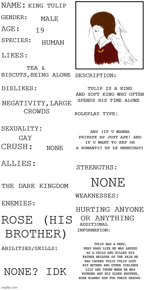 oi so idk a plot or prompt so u choose cuz idk and no OP ocs it gets annnoying | KING TULIP; MALE; 19; HUMAN; TEA & BISCUTS,BEING ALONE; TULIP IS A KIND AND SOFT KING WHO OFTEN SPENDS HIS TIME ALONE; NEGATIVITY,LARGE CROWDS; ANY (IF U WANNA PRIVATE RP JUST ASK! AND IF U WANT TO ERP OR A ROMANTIC RP LE MEMECHAT); GAY; NONE; NONE; THE DARK KINGDOM; HURTING ANYONE OR ANYTHING; ROSE (HIS BROTHER); TULIP HAD A VERY, VERY HARD LIFE.HE WAS ABUSED AS A CHILD AND KILLED HIS FATHER BECAUSE OF THE PAIN HE HAD CAUSED TULIP.TULIP LOST HIS MOTHER AND OTHER SIBLINGS LILY AND THORN WHEN HE WAS YOUNGER AND HIS OLDER BROTHER, ROSE BLAMES HIM FOR THEIR DEATHS. NONE? IDK | image tagged in updated roleplay oc showcase | made w/ Imgflip meme maker