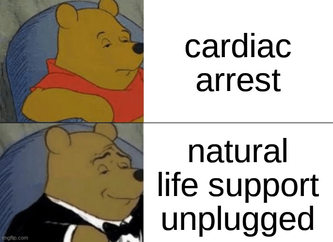 Tuxedo Winnie The Pooh Meme | cardiac arrest; natural life support unplugged | image tagged in memes,tuxedo winnie the pooh | made w/ Imgflip meme maker
