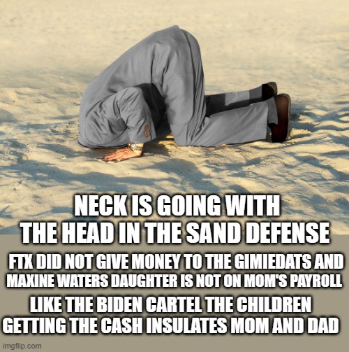 head in sand | NECK IS GOING WITH THE HEAD IN THE SAND DEFENSE FTX DID NOT GIVE MONEY TO THE GIMIEDATS AND MAXINE WATERS DAUGHTER IS NOT ON MOM'S PAYROLL L | image tagged in head in sand | made w/ Imgflip meme maker