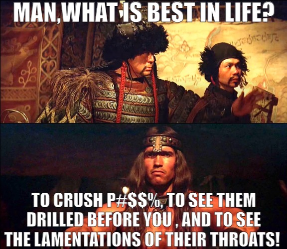 EVERY MAN IN THE WORLD BE ON A MISSION FOR IT | MAN,WHAT IS BEST IN LIFE? TO CRUSH P#$$%, TO SEE THEM DRILLED BEFORE YOU , AND TO SEE THE LAMENTATIONS OF THEIR THROATS! | image tagged in conan what is best in life,meme | made w/ Imgflip meme maker