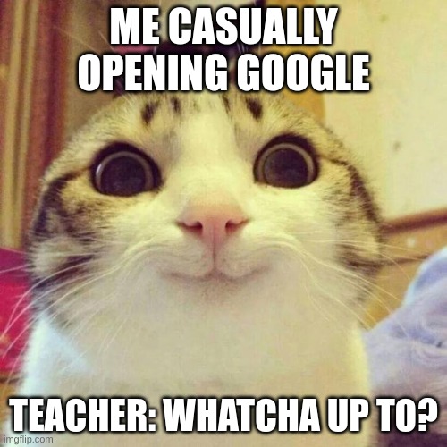 Teachers be like | ME CASUALLY OPENING GOOGLE; TEACHER: WHATCHA UP TO? | image tagged in memes,smiling cat | made w/ Imgflip meme maker
