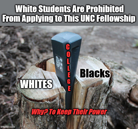 It's All Part of the Plan | White Students Are Prohibited From Applying to This UNC Fellowship; C; O; L; L; Blacks; E; G; WHITES; E; Why? To Keep Their Power | image tagged in college liberal,racism,maintain power | made w/ Imgflip meme maker