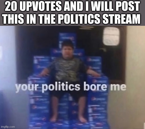 Your politics bore me | 20 UPVOTES AND I WILL POST THIS IN THE POLITICS STREAM | image tagged in your politics bore me | made w/ Imgflip meme maker