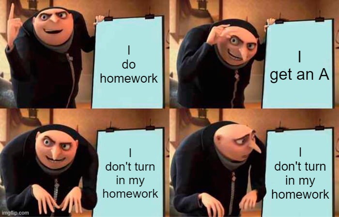 Gru's Plan | I do homework; I get an A; I don't turn in my homework; I don't turn in my homework | image tagged in memes,gru's plan | made w/ Imgflip meme maker