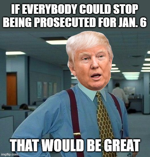 Too bad Donny. Time's up! | IF EVERYBODY COULD STOP BEING PROSECUTED FOR JAN. 6; THAT WOULD BE GREAT | image tagged in memes,that would be great,january 6th,prosecution,sedition,suck it | made w/ Imgflip meme maker