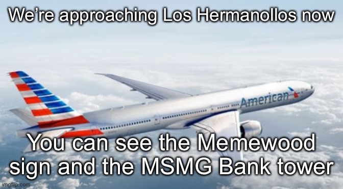 American Airlines Jet | We’re approaching Los Hermanollos now; You can see the Memewood sign and the MSMG Bank tower | image tagged in american airlines jet | made w/ Imgflip meme maker