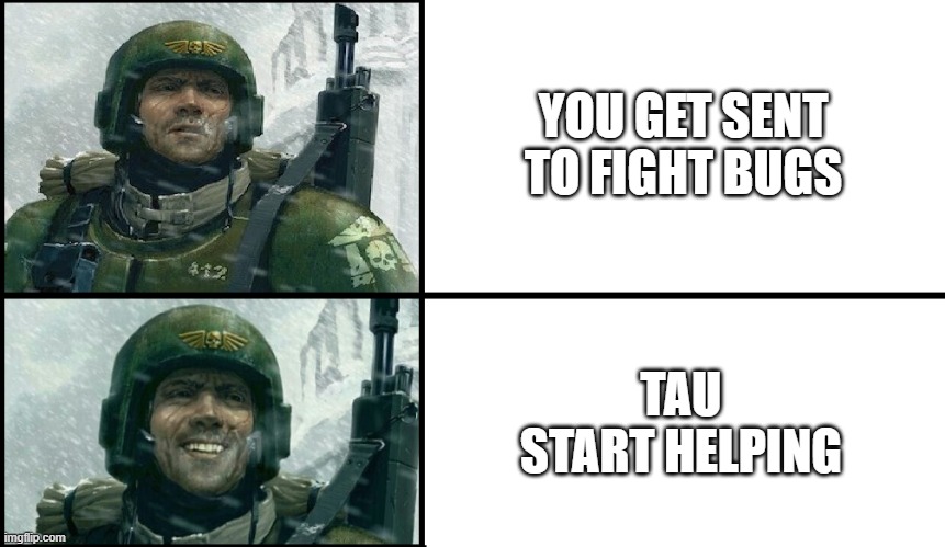 Smiling Guardsmen (Upside Down) | YOU GET SENT TO FIGHT BUGS; TAU START HELPING | image tagged in smiling guardsmen upside down | made w/ Imgflip meme maker