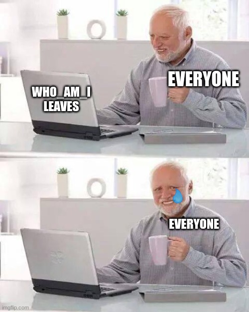 so long | EVERYONE; WHO_AM_I LEAVES; EVERYONE | image tagged in memes,hide the pain harold | made w/ Imgflip meme maker