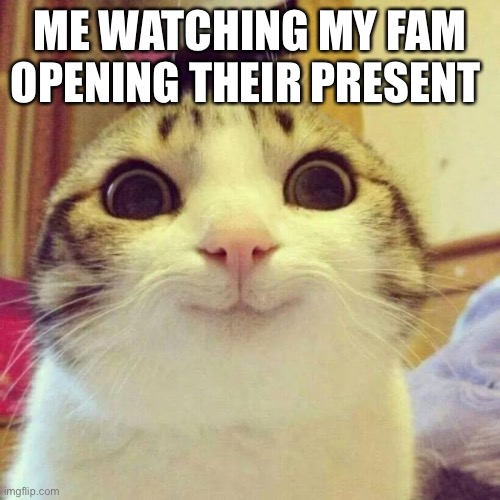 Cringe Santa | ME WATCHING MY FAM OPENING THEIR PRESENT | image tagged in memes,smiling cat | made w/ Imgflip meme maker