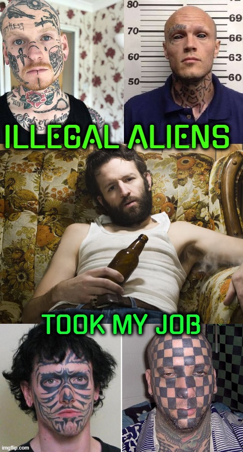 ILLEGAL ALIENS TOOK MY JOB! | ILLEGAL ALIENS; TOOK MY JOB | image tagged in aliens,job,immigrants,lazy,illegal,drugs and alcohol | made w/ Imgflip meme maker