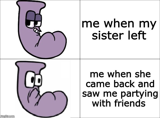 This was true | me when my sister left; me when she came back and saw me partying with friends | image tagged in happy j sad j | made w/ Imgflip meme maker