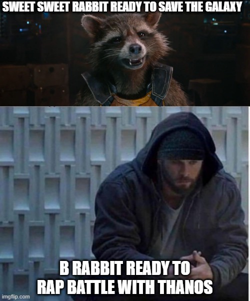 8 Marvel Miles | SWEET SWEET RABBIT READY TO SAVE THE GALAXY; B RABBIT READY TO RAP BATTLE WITH THANOS | image tagged in rocket racoon | made w/ Imgflip meme maker