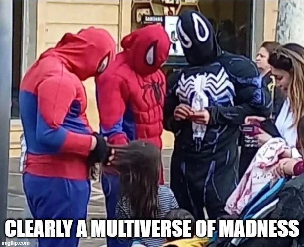 Multiverse | CLEARLY A MULTIVERSE OF MADNESS | image tagged in superheroes | made w/ Imgflip meme maker