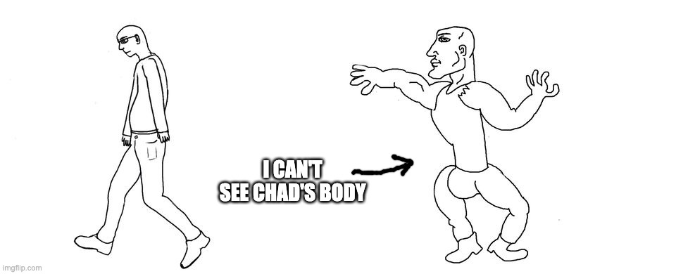 Virgin vs Chad | I CAN'T SEE CHAD'S BODY | image tagged in virgin vs chad | made w/ Imgflip meme maker