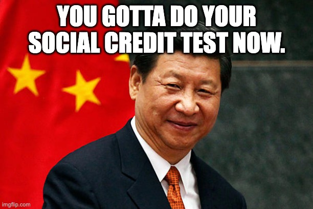 Xi Jinping | YOU GOTTA DO YOUR SOCIAL CREDIT TEST NOW. | image tagged in xi jinping | made w/ Imgflip meme maker