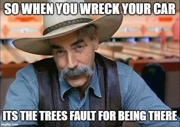 Sam Elliott special kind of stupid | SO WHEN YOU WRECK YOUR CAR ITS THE TREES FAULT FOR BEING THERE | image tagged in sam elliott special kind of stupid | made w/ Imgflip meme maker