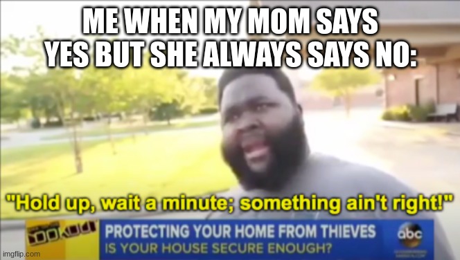 nani? | ME WHEN MY MOM SAYS YES BUT SHE ALWAYS SAYS NO: | image tagged in hold up wait a minute something aint right | made w/ Imgflip meme maker