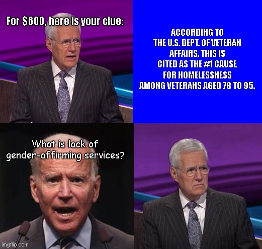 Biden proposes gender-affirming services to battle homelessness | ACCORDING TO THE U.S. DEPT. OF VETERAN AFFAIRS, THIS IS CITED AS THE #1 CAUSE FOR HOMELESSNESS AMONG VETERANS AGED 78 TO 95. For $600, here is your clue:; What is lack of gender-affirming services? | image tagged in jeopardy here is your clue,joe biden worries,biden fail,homeless,lgbtq politics,liberal logic | made w/ Imgflip meme maker