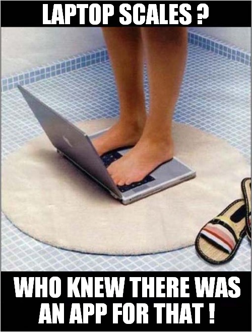 Seems Legit ! | LAPTOP SCALES ? WHO KNEW THERE WAS
AN APP FOR THAT ! | image tagged in laptop,scales,apps,seems legit | made w/ Imgflip meme maker