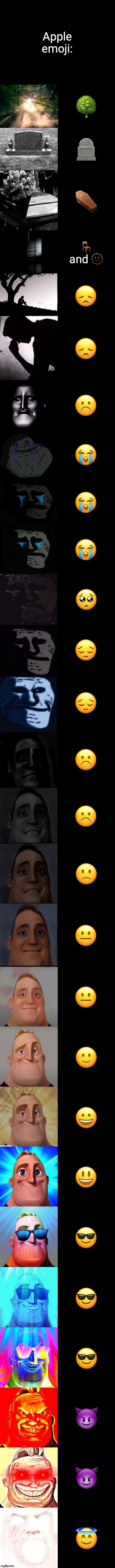 I decided, why not? | Apple emoji:; 🌳; 🪦; ⚰️; 🪑 and 🫥; 😞; 😞; ☹️; 😭; 😭; 😭; 🥺; 😔; 😔; ☹️; ☹️; 🙁; 😐; 😐; 🙂; 😀; 😃; 😎; 😎; 😎; 😈; 😈; 😇 | image tagged in mr incredible becoming sad to canny even more extended | made w/ Imgflip meme maker