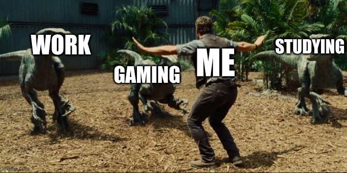 Jurassic world | STUDYING; WORK; ME; GAMING | image tagged in jurassic world | made w/ Imgflip meme maker