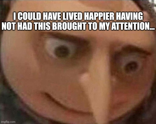 gru meme | I COULD HAVE LIVED HAPPIER HAVING NOT HAD THIS BROUGHT TO MY ATTENTION... | image tagged in gru meme | made w/ Imgflip meme maker