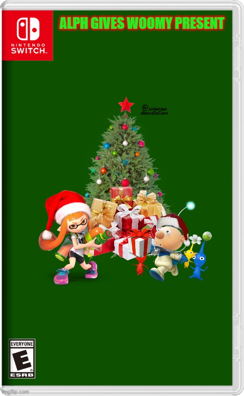 alph gives woomy present | ALPH GIVES WOOMY PRESENT | image tagged in nintendo switch,christmas,pikmin,splatoon,woomy | made w/ Imgflip meme maker