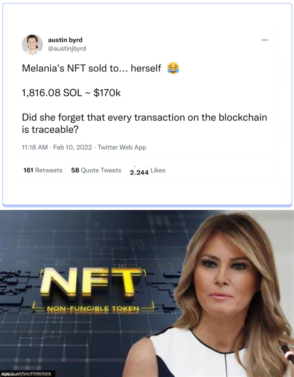 Did Trump buy his own cringey NFTs? There's precedent! XD | image tagged in melania trump nft tweet,melania trump nft,melania trump meme,nft,bruh,blockchain | made w/ Imgflip meme maker