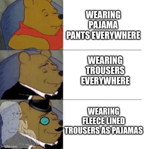 Now I can be confused for a Target employee instead of a Walmart customer | WEARING PAJAMA PANTS EVERYWHERE; WEARING TROUSERS EVERYWHERE; WEARING FLEECE LINED TROUSERS AS PAJAMAS | image tagged in tuxedo winnie the pooh 3 panel | made w/ Imgflip meme maker