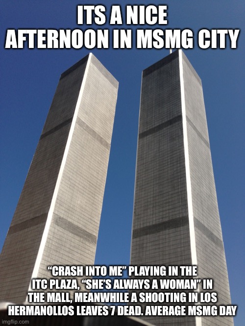 Twin Towers | ITS A NICE AFTERNOON IN MSMG CITY; “CRASH INTO ME” PLAYING IN THE ITC PLAZA, “SHE’S ALWAYS A WOMAN” IN THE MALL, MEANWHILE A SHOOTING IN LOS HERMANOLLOS LEAVES 7 DEAD. AVERAGE MSMG DAY | image tagged in twin towers | made w/ Imgflip meme maker