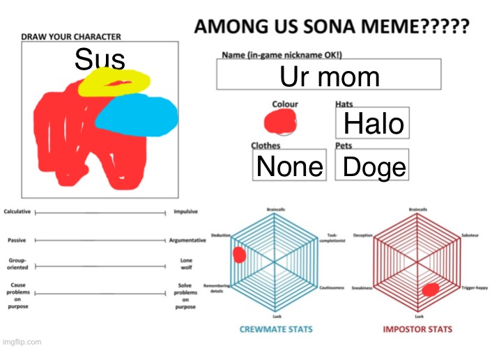 UwU | Sus; Ur mom; Halo; None; Doge | image tagged in among us sona meme | made w/ Imgflip meme maker