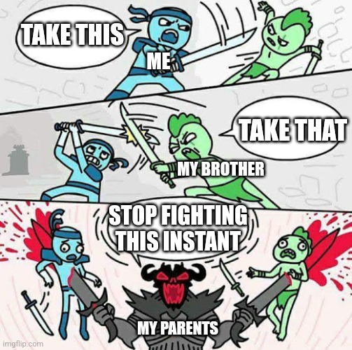 Brotherly Fighting | TAKE THIS; ME; TAKE THAT; MY BROTHER; STOP FIGHTING THIS INSTANT; MY PARENTS | image tagged in sword fight,parents,meme,funny memes | made w/ Imgflip meme maker