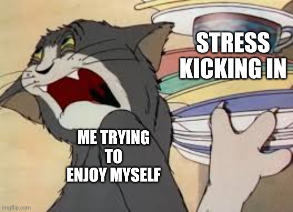Life's like that kiddos u gotta learn that and u will find out as u mature | STRESS KICKING IN; ME TRYING TO ENJOY MYSELF | image tagged in tom and jerry,memes,society,stress,99 level of stress,relatable | made w/ Imgflip meme maker