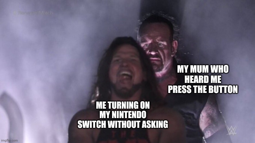 Why does this always happen | MY MUM WHO HEARD ME PRESS THE BUTTON; ME TURNING ON MY NINTENDO SWITCH WITHOUT ASKING | image tagged in aj styles undertaker,nintendo,nintendo switch | made w/ Imgflip meme maker