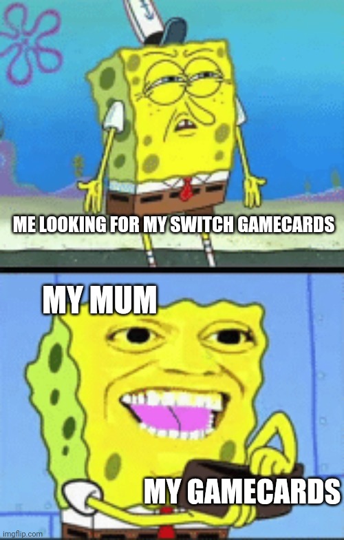 Lol | ME LOOKING FOR MY SWITCH GAMECARDS; MY MUM; MY GAMECARDS | image tagged in spongebob money,nintendo,nintendo switch | made w/ Imgflip meme maker