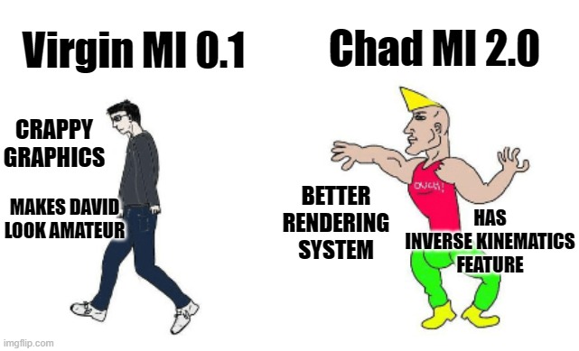 Virgin vs Chad | Chad MI 2.0; Virgin MI 0.1; CRAPPY GRAPHICS; BETTER RENDERING SYSTEM; HAS INVERSE KINEMATICS FEATURE; MAKES DAVID LOOK AMATEUR | image tagged in virgin vs chad | made w/ Imgflip meme maker